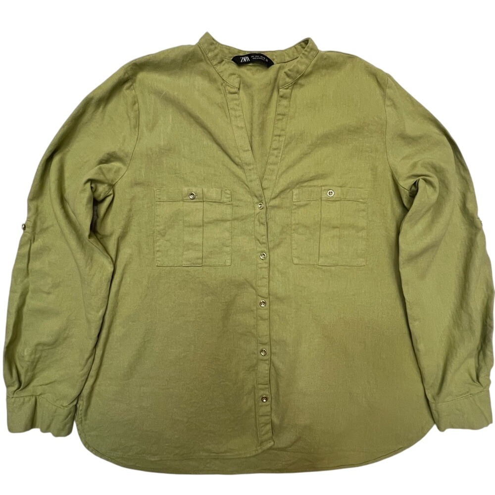 Zara Linen Shirt Avocado Green Button Up V-Neck‎ Size L